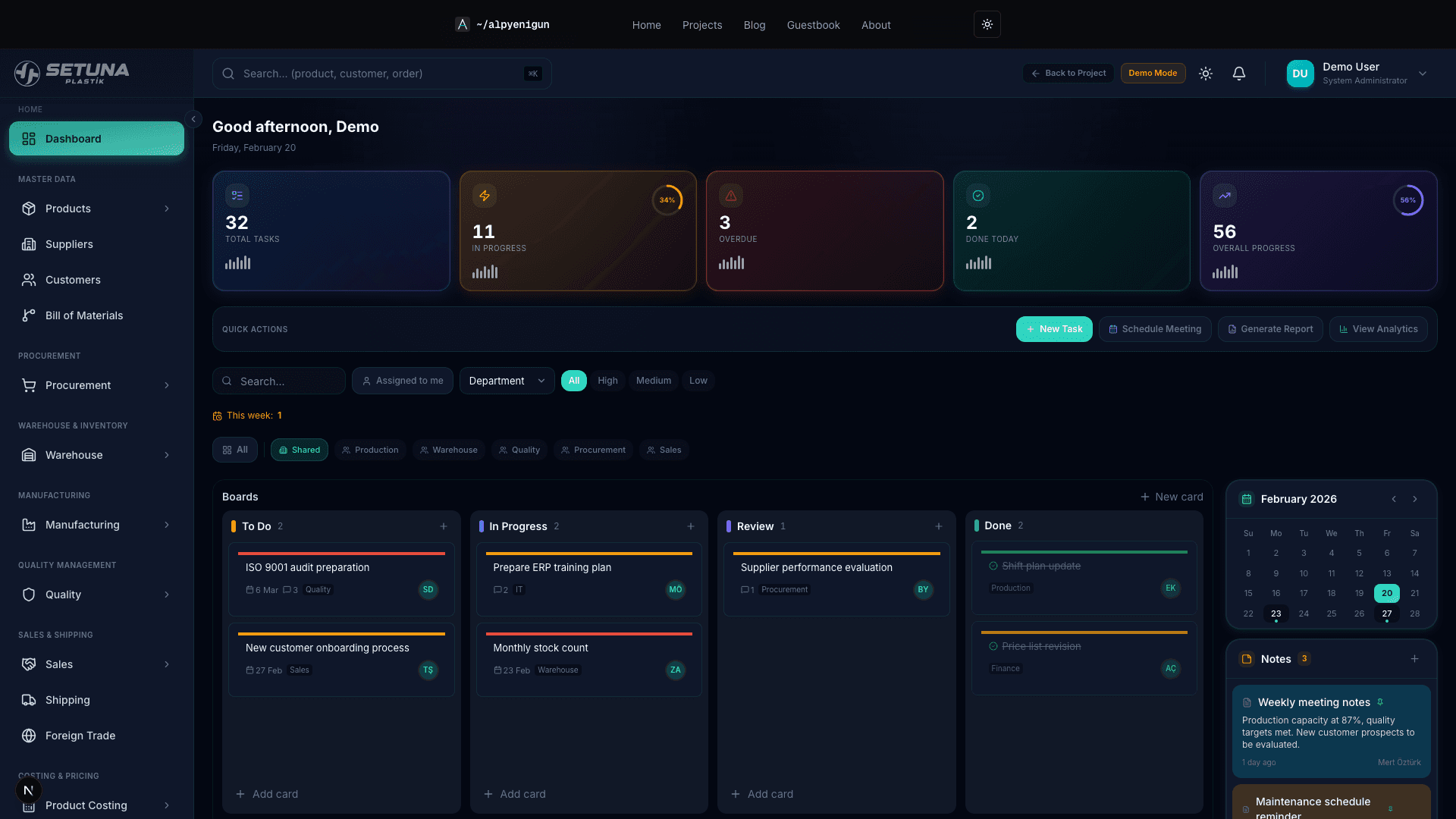 ERP Dashboard — KPIs, Kanban boards, and calendar