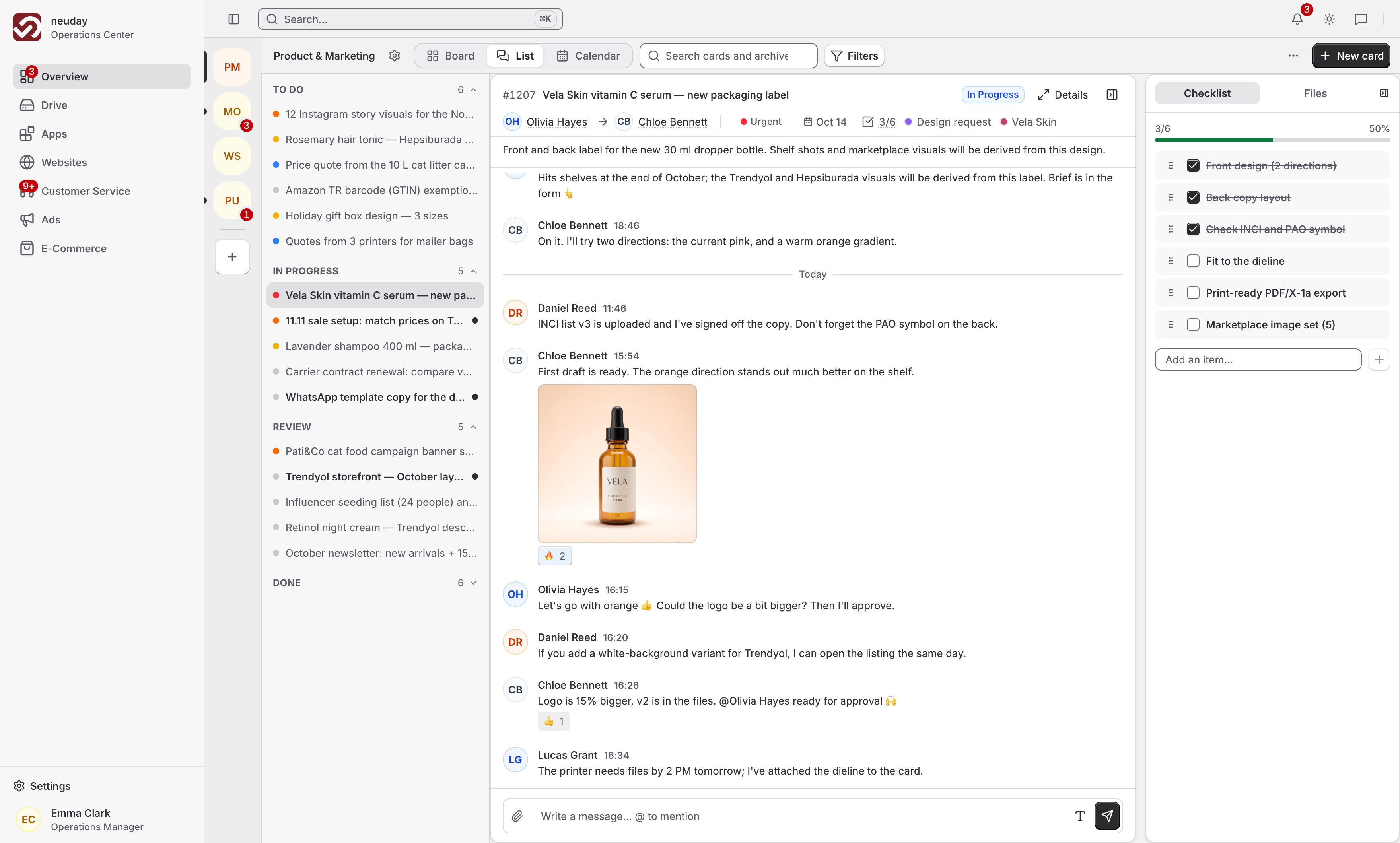 The list view: cards as channels on the left, a live conversation with an image, reactions and a mention, and the card's checklist on the right