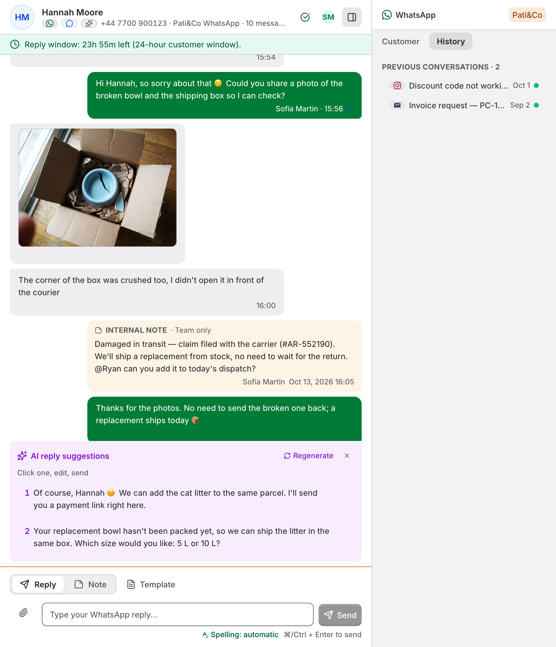 A WhatsApp conversation about a damaged parcel, with an internal note, AI reply suggestions and the customer's earlier conversations