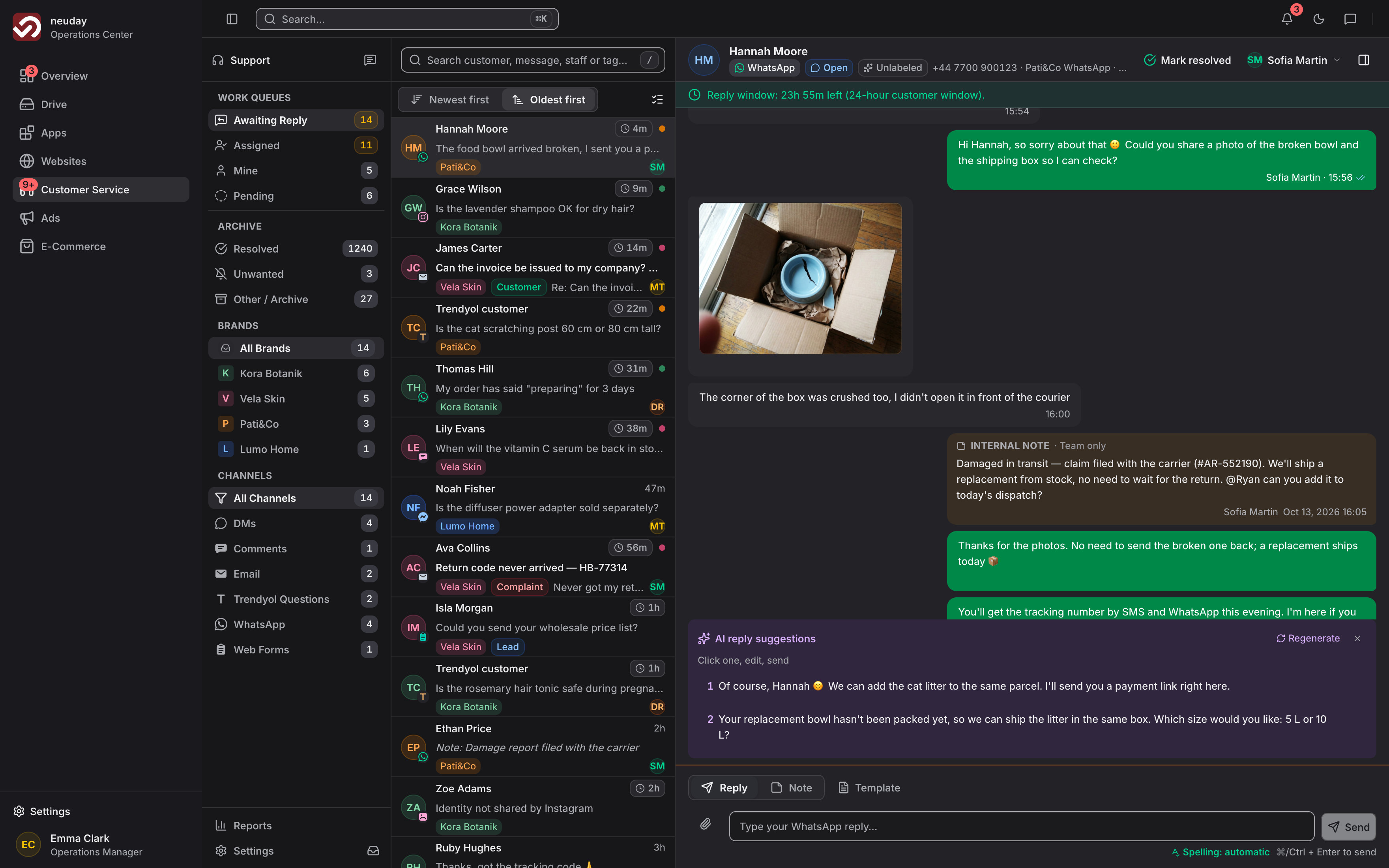 Neuday's customer service inbox: conversations from WhatsApp, Instagram and email in one queue