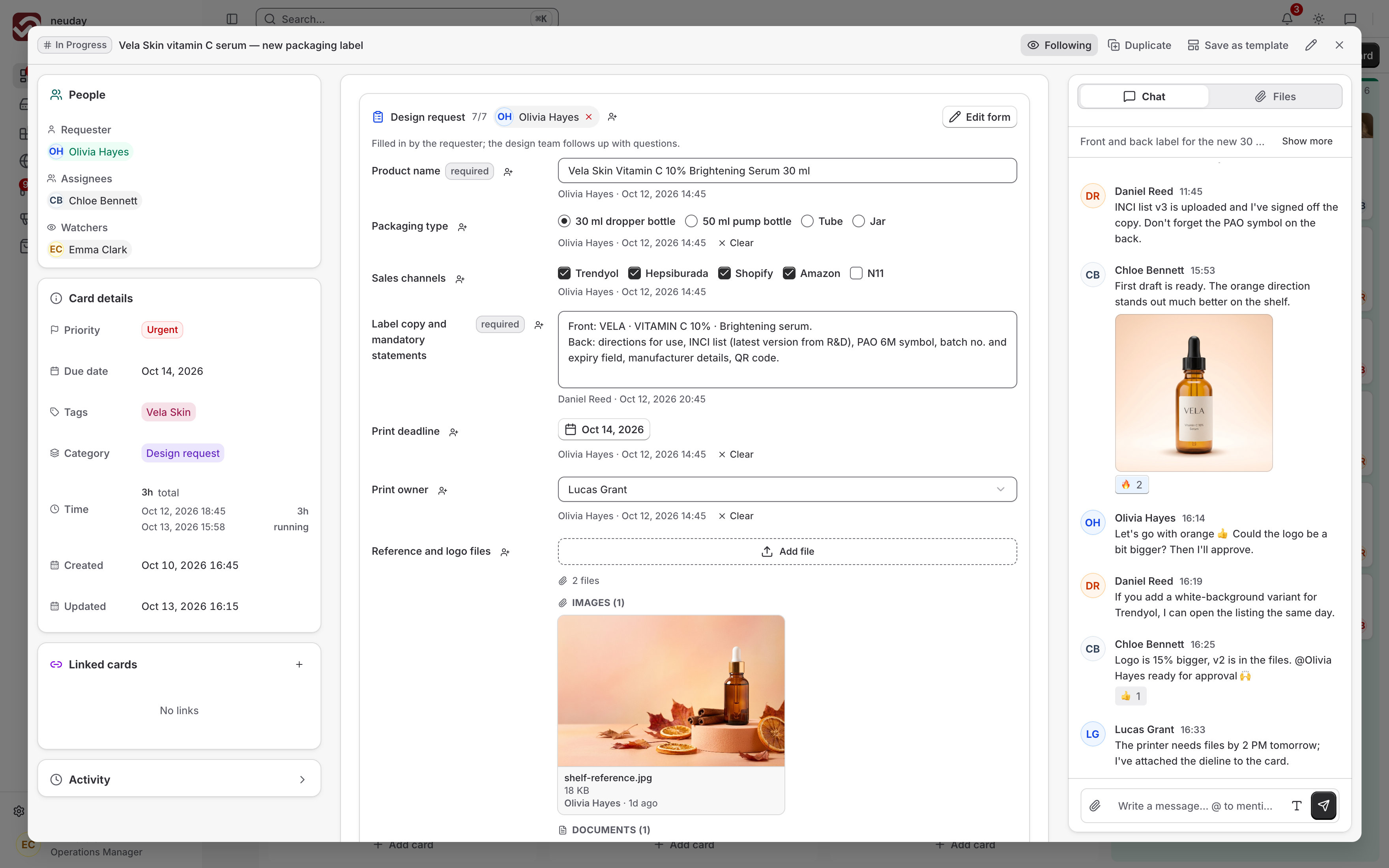 A Kanban card open: people, card details, time entries, the work form and the card's own chat