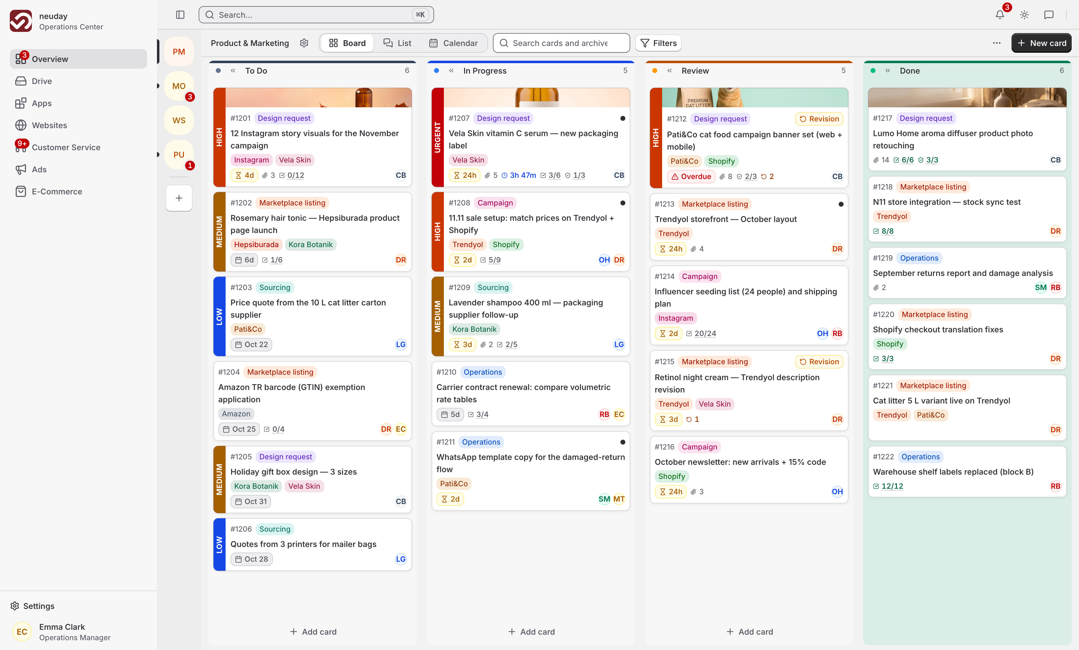 Kanban board with four stages and cards for design requests, marketplace listings, campaigns and supplier follow-ups