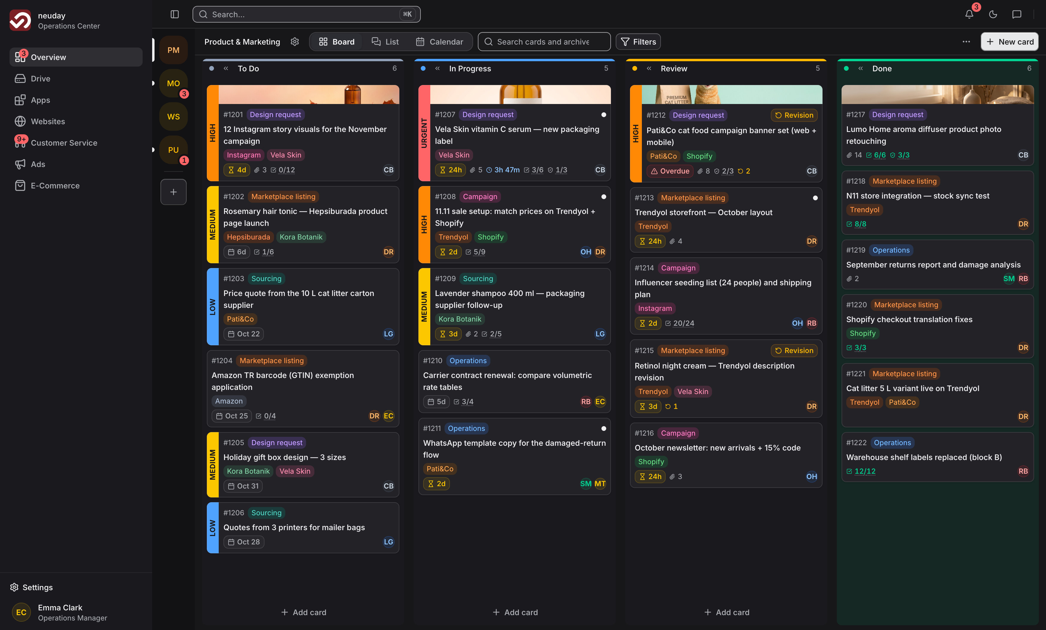 The whole app in the dark theme: sidebar with all sections, header and the Kanban board