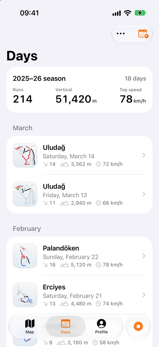 Days list: a season of ski days