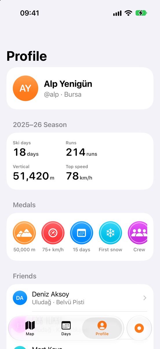 Profile with season totals, medals and friends