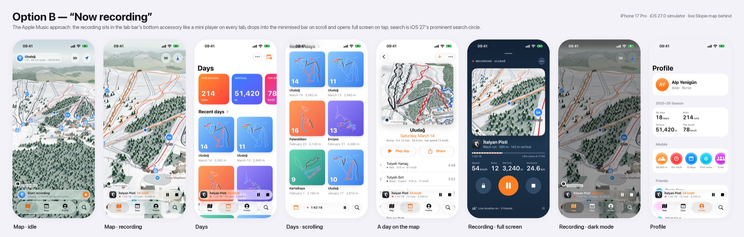 Direction "Now recording": seven iOS screens