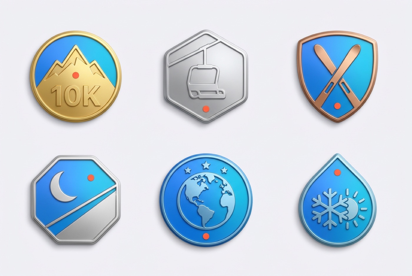 Medal explorations: summit, lift, skis, night skiing, world and snow badges